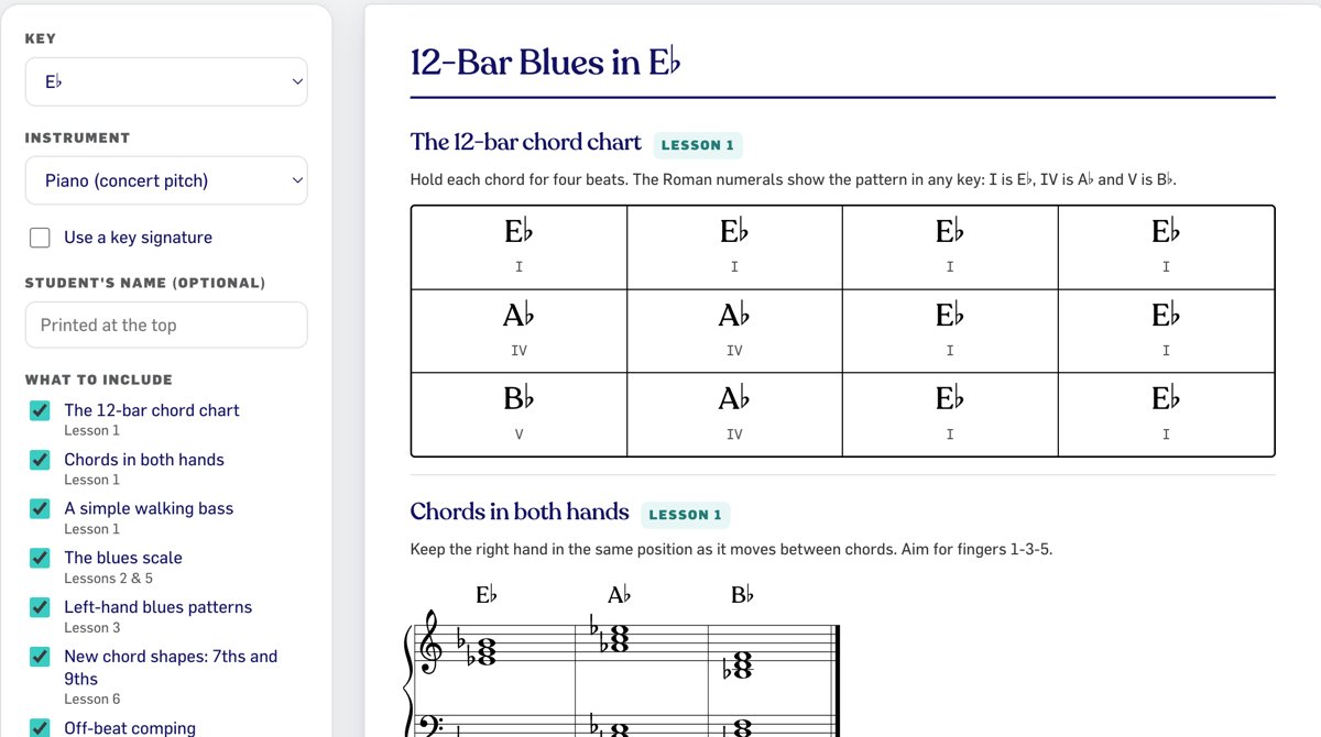 The Handout Generator showing the 12-bar blues in E flat