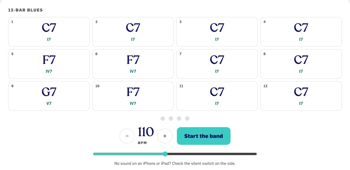 The Blues Jam Room: a 12-bar chart in C with tempo and band controls